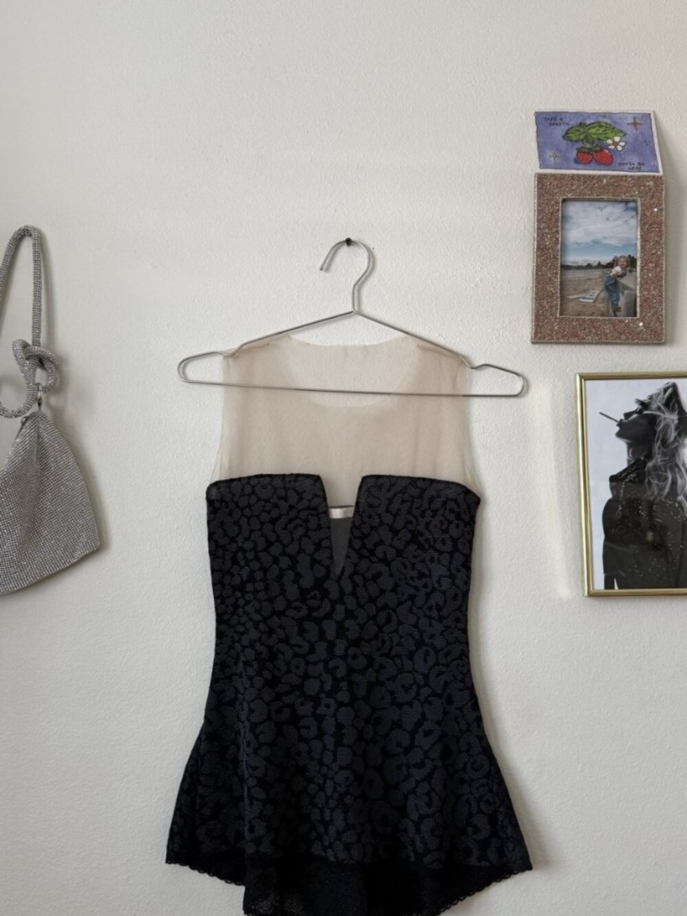 Cecilia Prado Black Leopard Knit Peplum Top Sheer Mesh Yoke XS